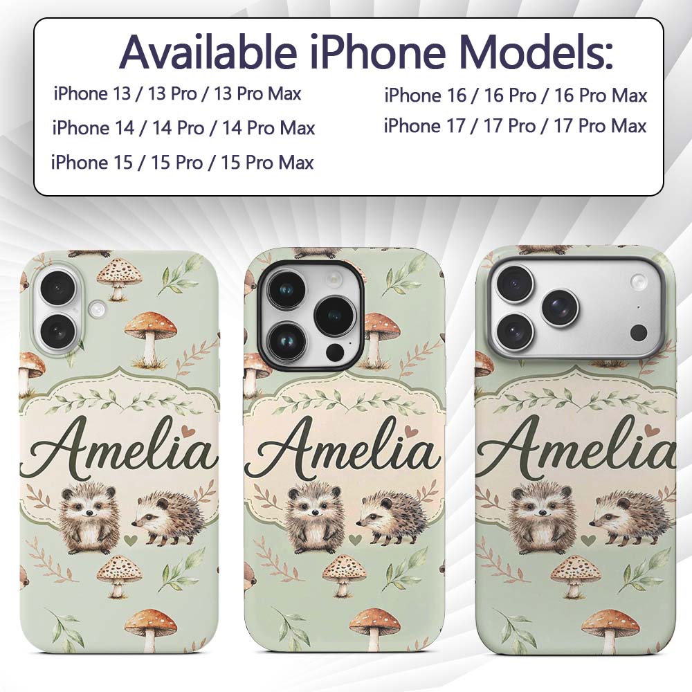 Cute Woodland Hedgehog Mushrooms Leaves Seamless Custom Name Protective Phone Case Mobile Cover Durable Everyday Smartphone Shock Resistant