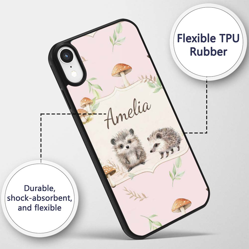 Cute Woodland Hedgehog Mushrooms Leaves Seamless Custom Name Protective Phone Case Mobile Cover Durable Everyday Smartphone Shock Resistant