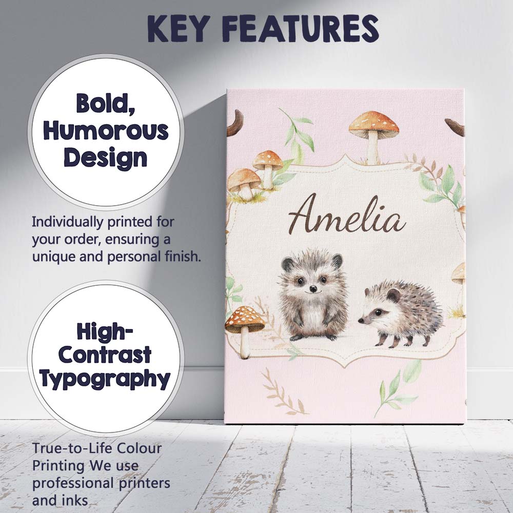 Personalised Name Cute Woodland Hedgehog Custom  Unique Gift Idea Elegant Feature Canvas Wall Art Print Decor Picture Ready to Hang