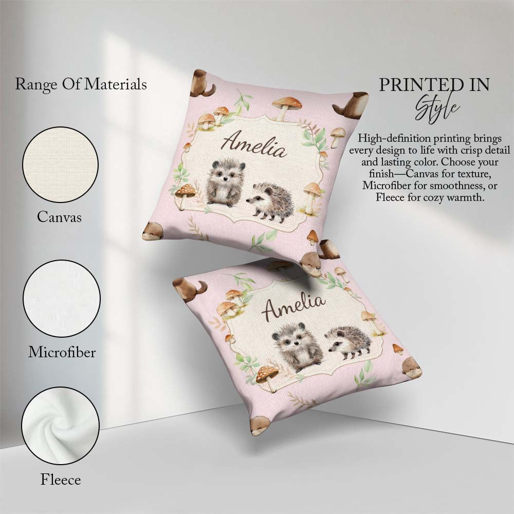 Custom Name Woodland Hedgehog Leaves Seamless Pattern Soft Blush Square Filled Cushion Throw Pillow Sofa Bed Home Decor Zip Washable UK Made