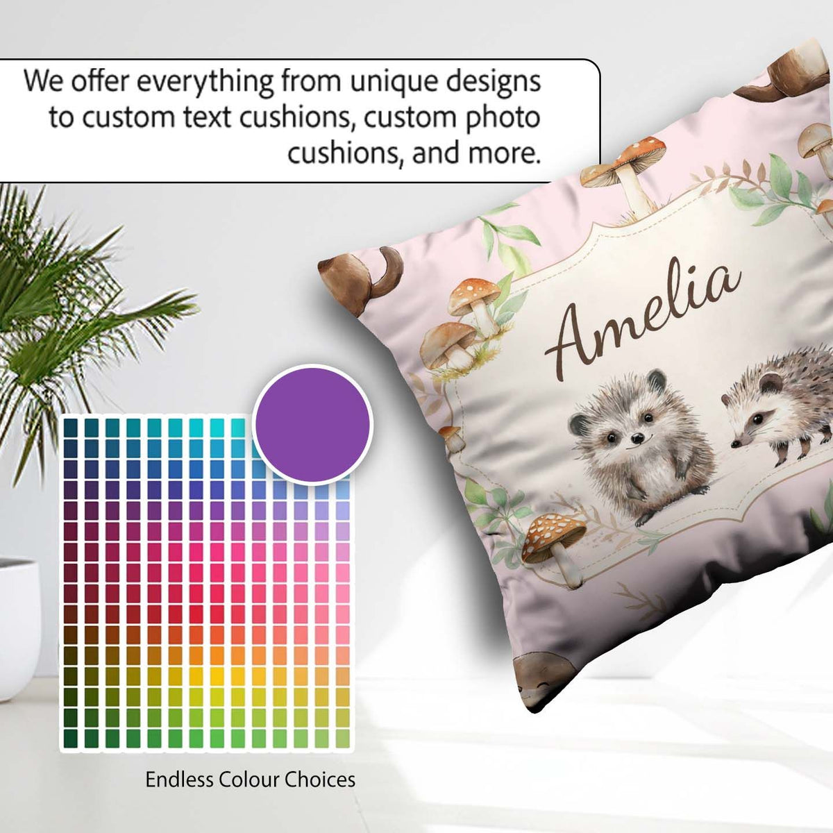 Custom Name Woodland Hedgehog Leaves Seamless Pattern Soft Blush Square Filled Cushion Throw Pillow Sofa Bed Home Decor Zip Washable UK Made