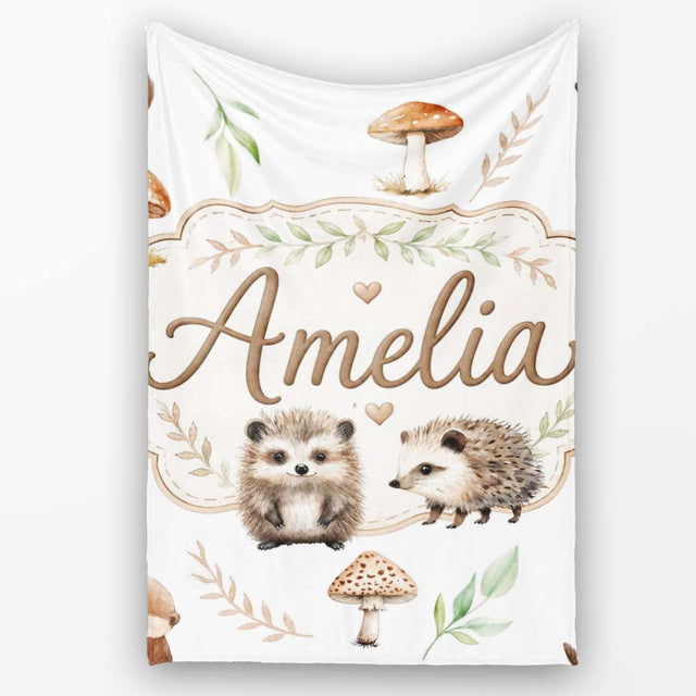 Cute Woodland Hedgehog Mushrooms Leaves Seamless Pattern Soft Grey  Personalised Custom Name Super Soft Fleece Blanket Bed Sofa Throw