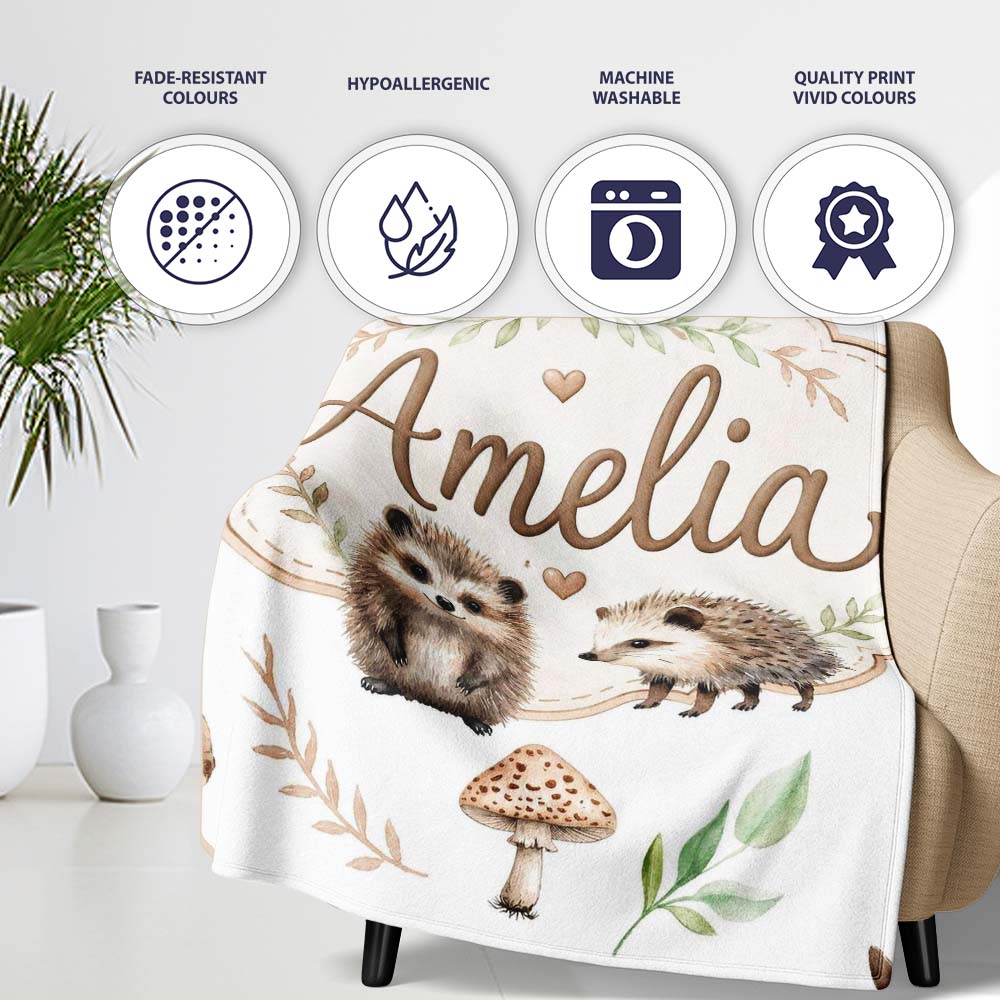Cute Woodland Hedgehog Mushrooms Leaves Seamless Pattern Soft Grey  Personalised Custom Name Super Soft Fleece Blanket Bed Sofa Throw