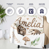 Cute Woodland Hedgehog Mushrooms Leaves Seamless Pattern Soft Grey  Personalised Custom Name Super Soft Fleece Blanket Bed Sofa Throw