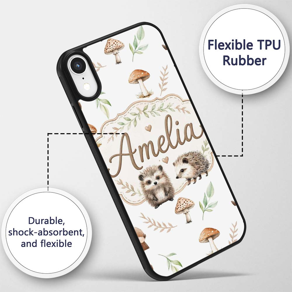 Cute Woodland Hedgehog Mushrooms Leaves Seamless Custom Name Protective Phone Case Mobile Cover Durable Everyday Smartphone Shock Resistant