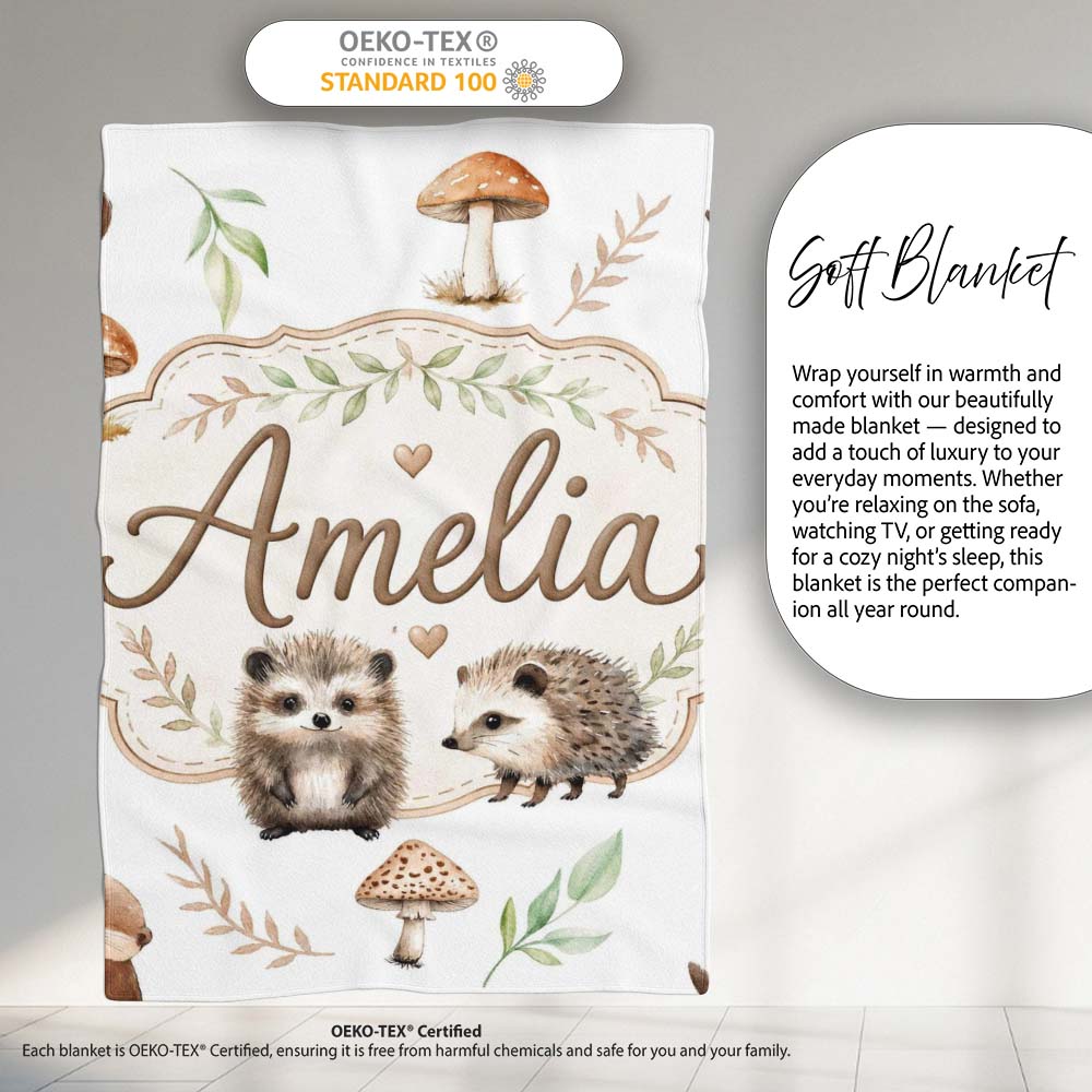 Cute Woodland Hedgehog Mushrooms Leaves Seamless Pattern Soft Grey  Personalised Custom Name Super Soft Fleece Blanket Bed Sofa Throw