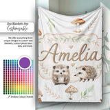 Cute Woodland Hedgehog Mushrooms Leaves Seamless Pattern Soft Grey  Personalised Custom Name Super Soft Fleece Blanket Bed Sofa Throw