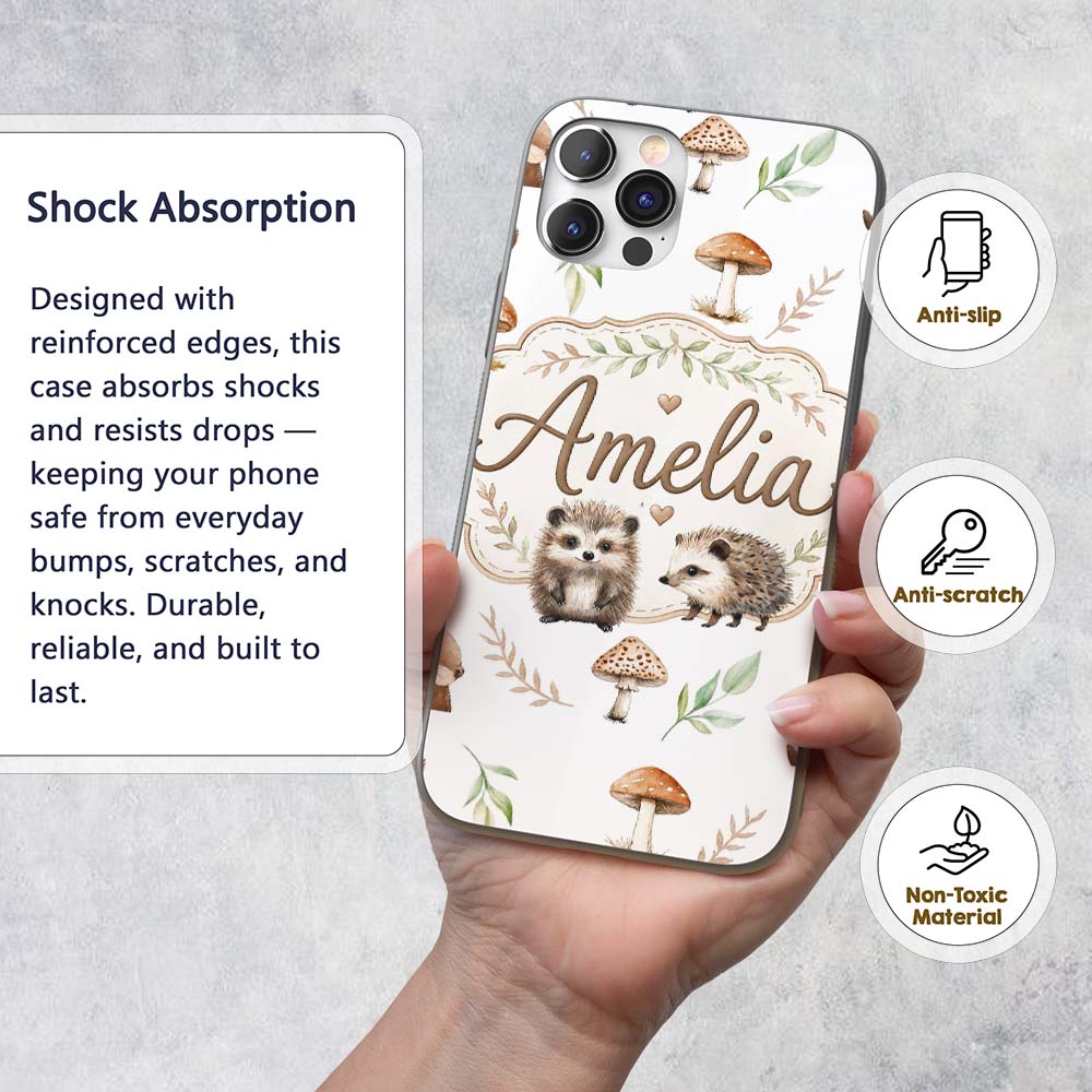 Cute Woodland Hedgehog Mushrooms Leaves Seamless Custom Name Protective Phone Case Mobile Cover Durable Everyday Smartphone Shock Resistant