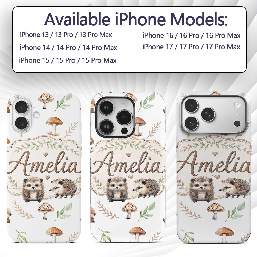Cute Woodland Hedgehog Mushrooms Leaves Seamless Custom Name Protective Phone Case Mobile Cover Durable Everyday Smartphone Shock Resistant
