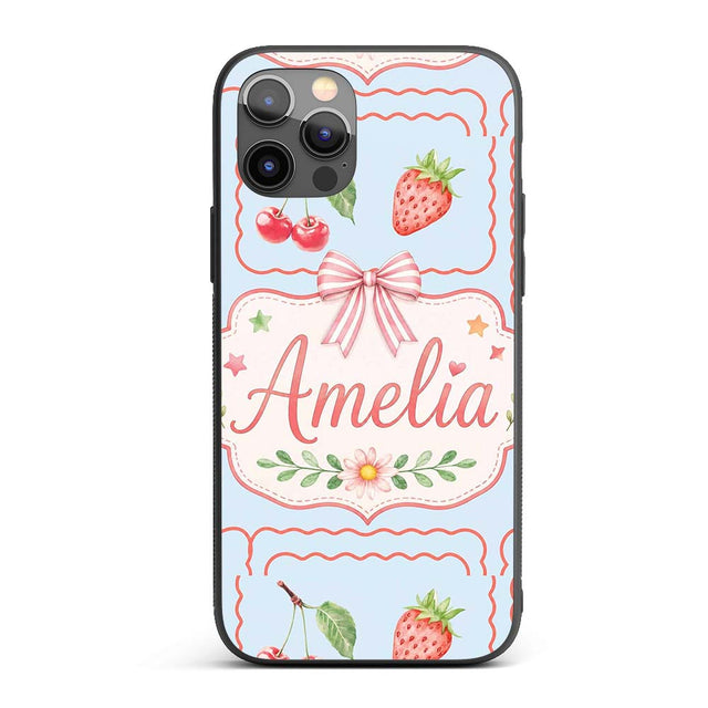 Cute Strawberry Cherry Ribbon Bow Sweet Dessert Custom Name Protective Phone Case Mobile Cover Durable Everyday Smartphone Shock Resistant