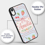 Cute Strawberry Cherry Ribbon Bow Sweet Dessert Custom Name Protective Phone Case Mobile Cover Durable Everyday Smartphone Shock Resistant