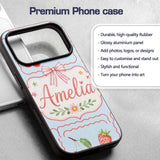 Cute Strawberry Cherry Ribbon Bow Sweet Dessert Custom Name Protective Phone Case Mobile Cover Durable Everyday Smartphone Shock Resistant