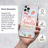 Cute Strawberry Cherry Ribbon Bow Sweet Dessert Custom Name Protective Phone Case Mobile Cover Durable Everyday Smartphone Shock Resistant