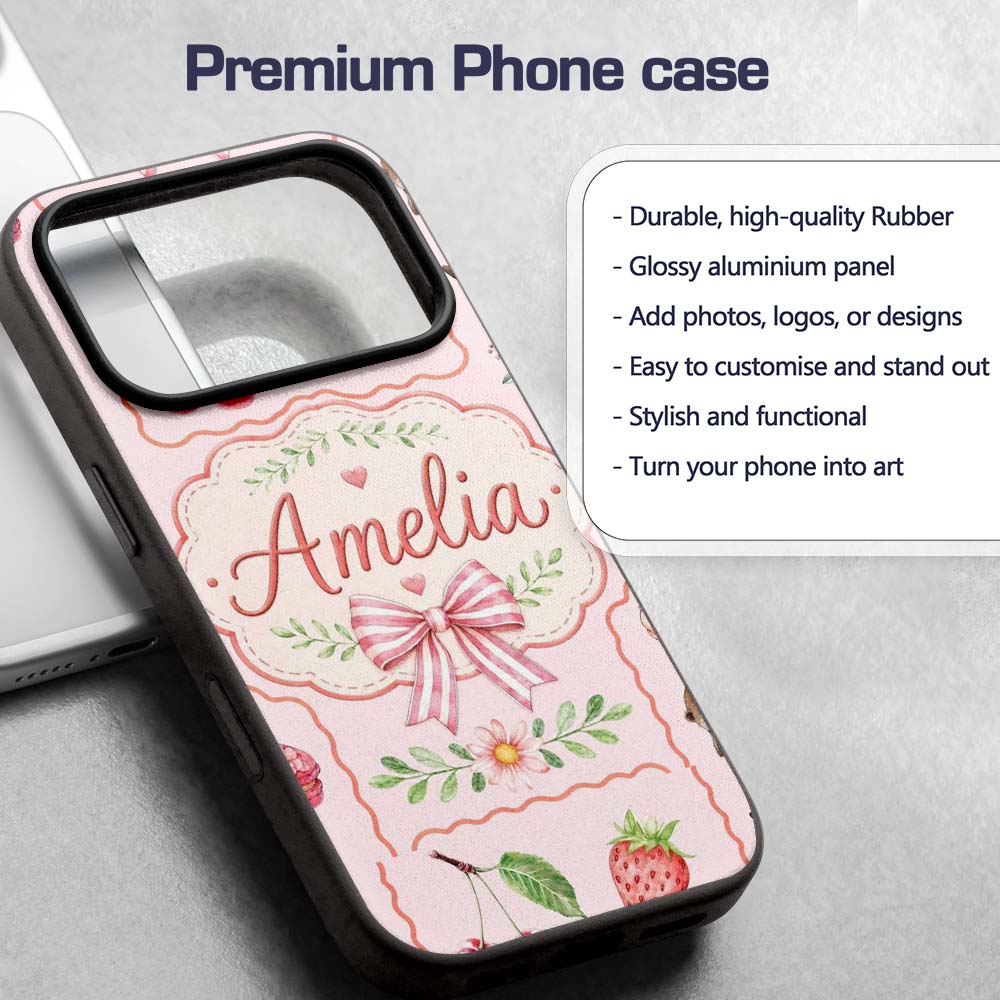 Cute Strawberry Cherry Ribbon Bow Sweet Dessert Custom Name Protective Phone Case Mobile Cover Durable Everyday Smartphone Shock Resistant