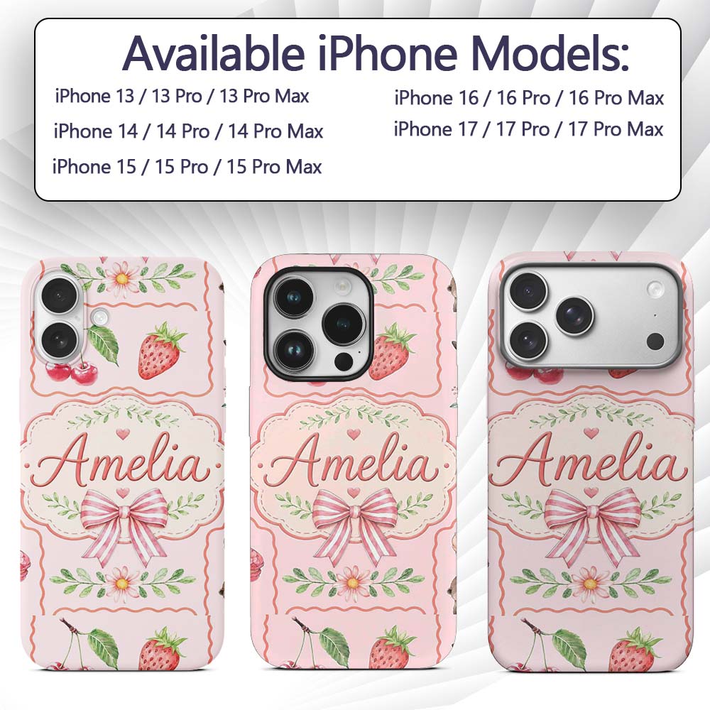 Cute Strawberry Cherry Ribbon Bow Sweet Dessert Custom Name Protective Phone Case Mobile Cover Durable Everyday Smartphone Shock Resistant