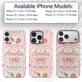 Cute Strawberry Cherry Ribbon Bow Sweet Dessert Custom Name Protective Phone Case Mobile Cover Durable Everyday Smartphone Shock Resistant