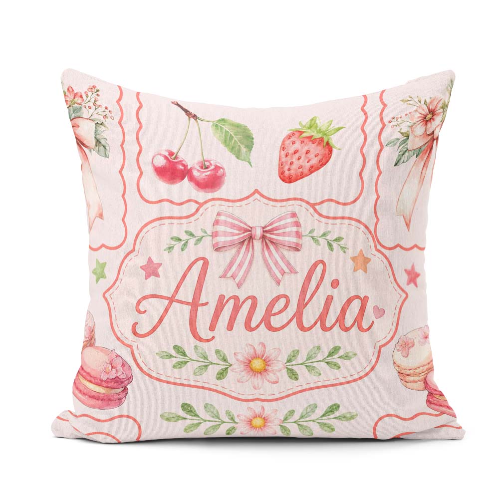 Custom Name Cute Cherry Ribbon Sweet Dessert Pattern Soft Pink Square Filled Cushion Throw Pillow Sofa Bed Home Decor Zip Washable UK Made