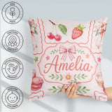 Custom Name Cute Cherry Ribbon Sweet Dessert Pattern Soft Pink Square Filled Cushion Throw Pillow Sofa Bed Home Decor Zip Washable UK Made