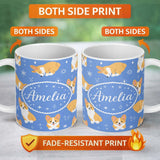 Personalized Custom Name Cute Corgi Dogs Stars Blue Background Seamless Pattern Lovely 11oz Ceramic Coffee Tea Mug White Large Handle