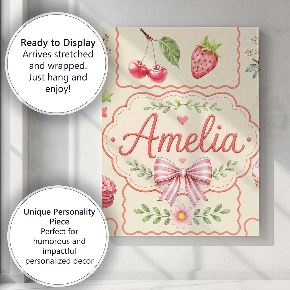 Personalised Name Cute Strawberry Cherry Custom  Unique Gift Idea Elegant Feature Canvas Wall Art Print Decor Picture Ready to Hang