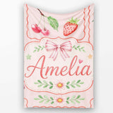 Cute Strawberry Cherry Ribbon Bow Sweet Dessert Pattern Pale Pink  Personalised Custom Name Super Soft Fleece Blanket Bed Sofa Throw