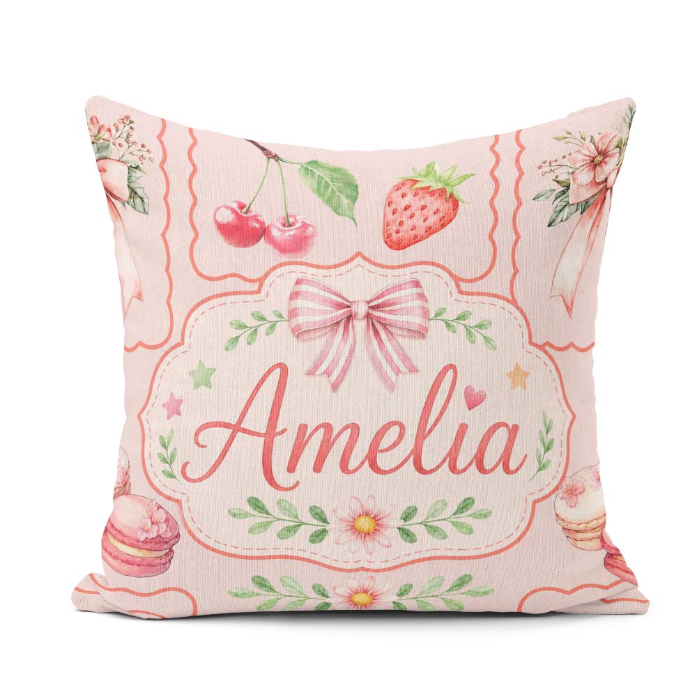 Custom Name Strawberry Cherry Ribbon Bow Sweet Dessert Pale Pink Square Filled Cushion Throw Pillow Sofa Bed Home Decor Zip Washable UK Made