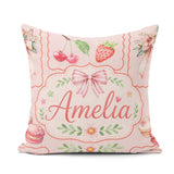 Custom Name Strawberry Cherry Ribbon Bow Sweet Dessert Pale Pink Square Filled Cushion Throw Pillow Sofa Bed Home Decor Zip Washable UK Made