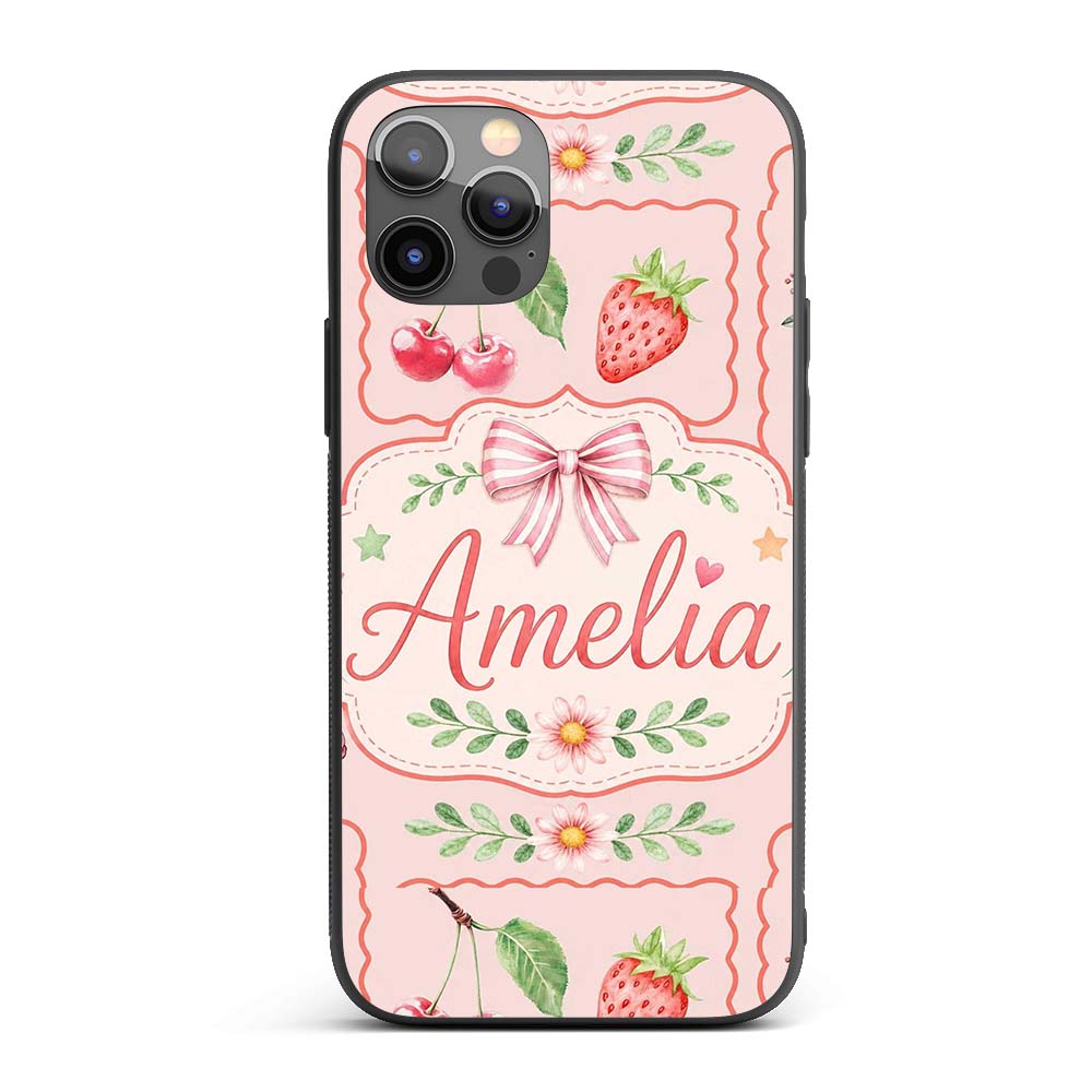 Cute Strawberry Cherry Ribbon Bow Sweet Dessert Custom Name Protective Phone Case Mobile Cover Durable Everyday Smartphone Shock Resistant