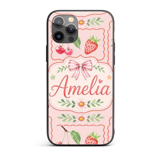 Cute Strawberry Cherry Ribbon Bow Sweet Dessert Custom Name Protective Phone Case Mobile Cover Durable Everyday Smartphone Shock Resistant