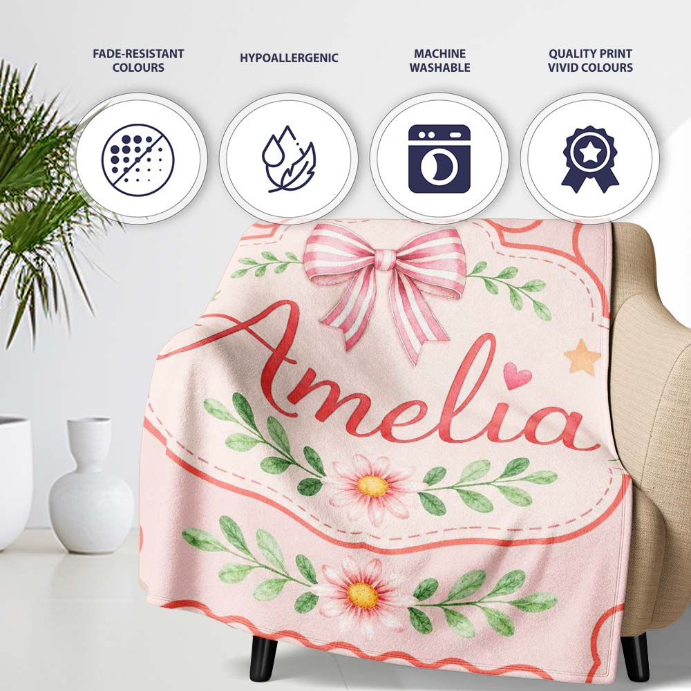 Cute Strawberry Cherry Ribbon Bow Sweet Dessert Pattern Pale Pink  Personalised Custom Name Super Soft Fleece Blanket Bed Sofa Throw