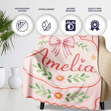 Cute Strawberry Cherry Ribbon Bow Sweet Dessert Pattern Pale Pink  Personalised Custom Name Super Soft Fleece Blanket Bed Sofa Throw