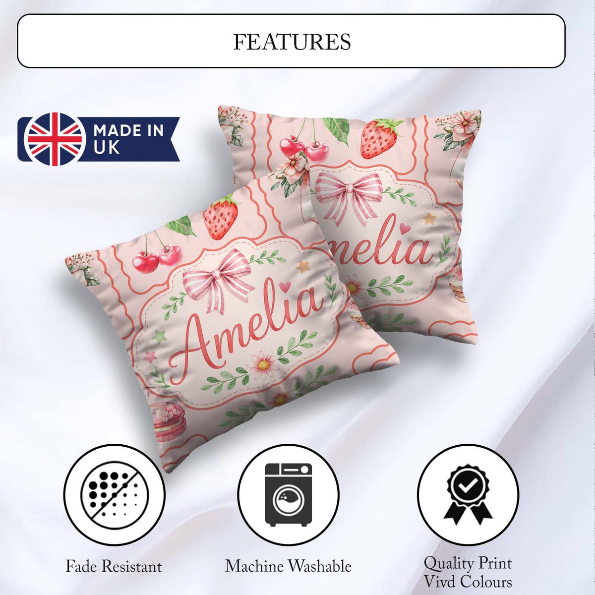 Custom Name Strawberry Cherry Ribbon Bow Sweet Dessert Pale Pink Square Filled Cushion Throw Pillow Sofa Bed Home Decor Zip Washable UK Made