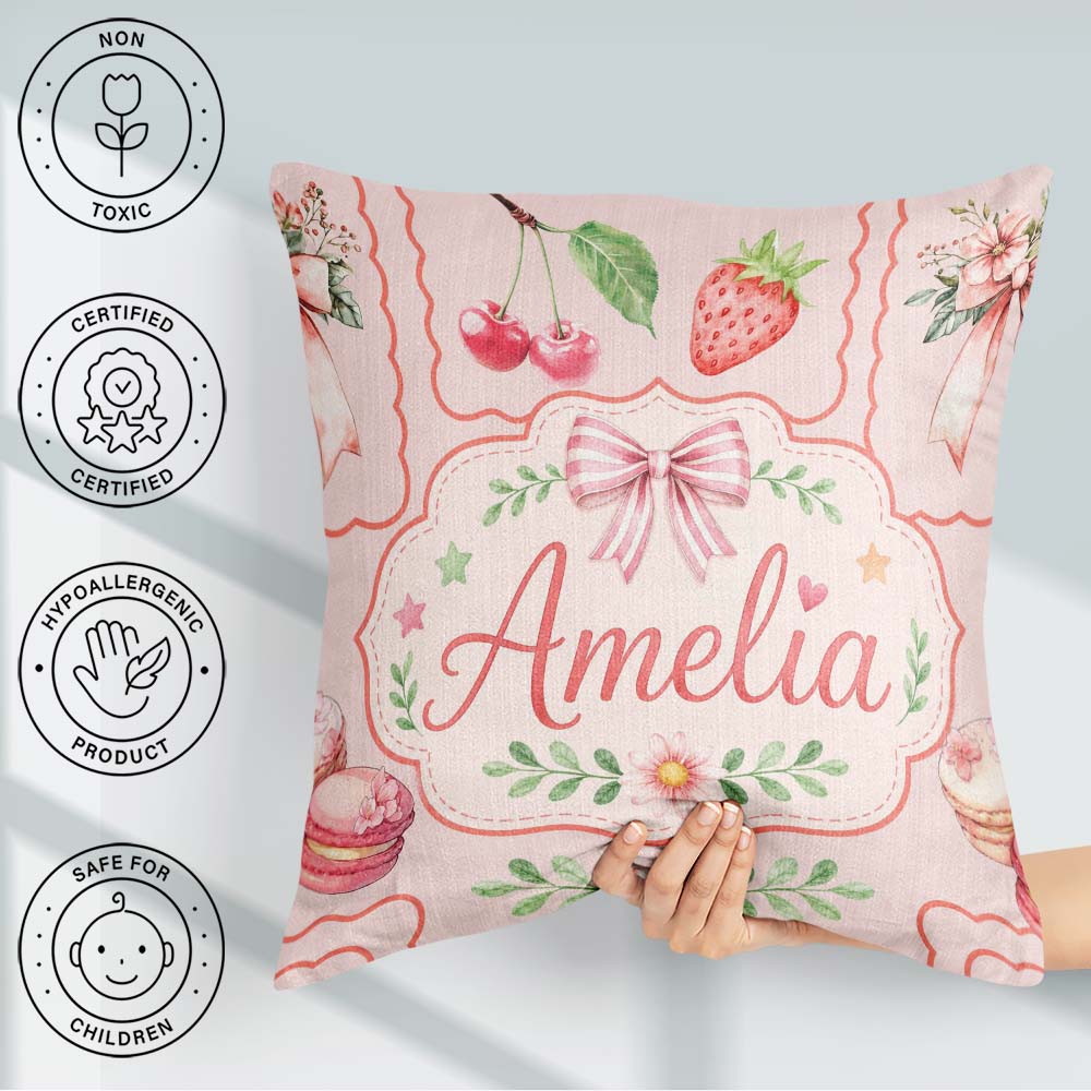 Custom Name Strawberry Cherry Ribbon Bow Sweet Dessert Pale Pink Square Filled Cushion Throw Pillow Sofa Bed Home Decor Zip Washable UK Made