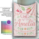 Cute Strawberry Cherry Ribbon Bow Sweet Dessert Pattern Pale Pink  Personalised Custom Name Super Soft Fleece Blanket Bed Sofa Throw