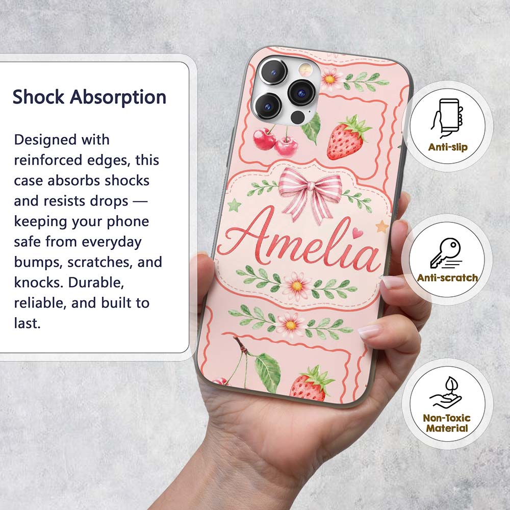 Cute Strawberry Cherry Ribbon Bow Sweet Dessert Custom Name Protective Phone Case Mobile Cover Durable Everyday Smartphone Shock Resistant
