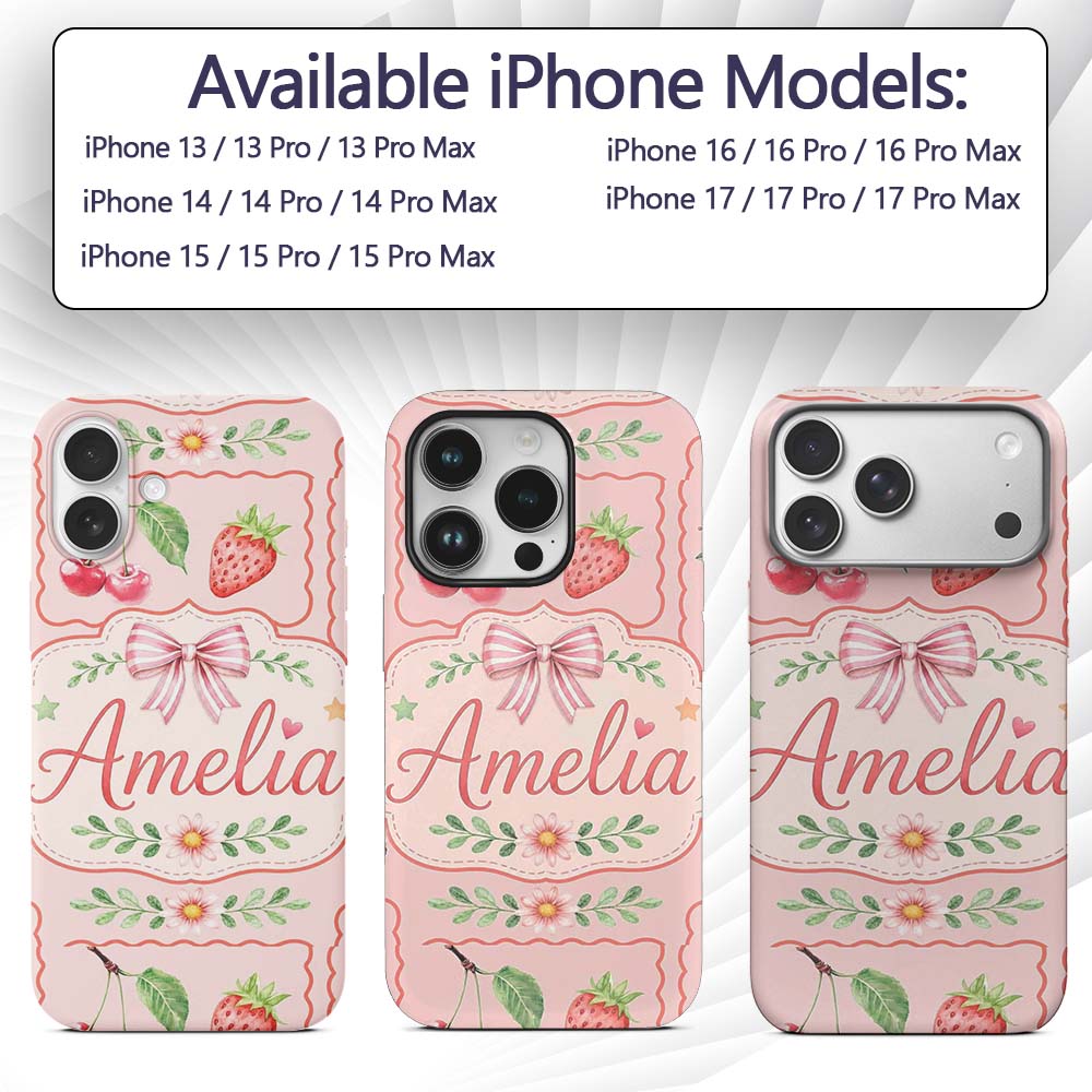 Cute Strawberry Cherry Ribbon Bow Sweet Dessert Custom Name Protective Phone Case Mobile Cover Durable Everyday Smartphone Shock Resistant