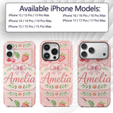 Cute Strawberry Cherry Ribbon Bow Sweet Dessert Custom Name Protective Phone Case Mobile Cover Durable Everyday Smartphone Shock Resistant
