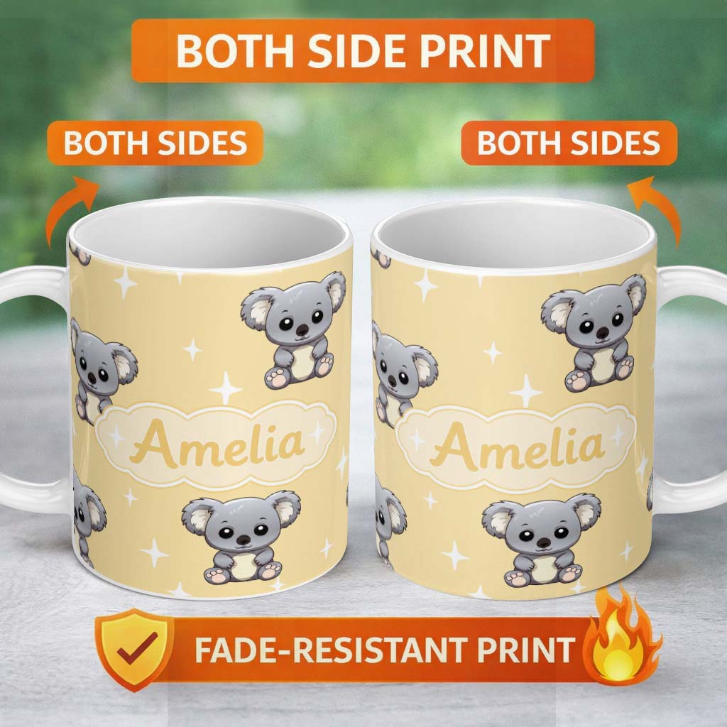 Personalized Custom Name Cute Baby Koala Bears on Soft Beige Background Seamless Pattern 11oz Ceramic Coffee Tea Mug White Large Handle