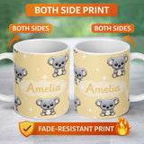 Personalized Custom Name Cute Baby Koala Bears on Soft Beige Background Seamless Pattern 11oz Ceramic Coffee Tea Mug White Large Handle