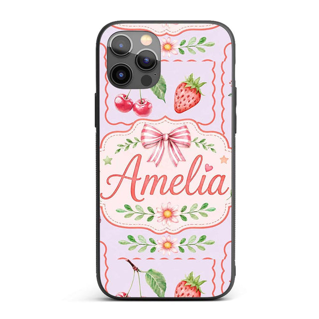 Cute Strawberry Cherry Ribbon Bow Sweet Dessert Custom Name Protective Phone Case Mobile Cover Durable Everyday Smartphone Shock Resistant