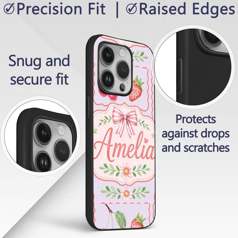 Cute Strawberry Cherry Ribbon Bow Sweet Dessert Custom Name Protective Phone Case Mobile Cover Durable Everyday Smartphone Shock Resistant