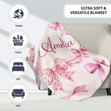 Watercolor Pink Ribbon Bows Neutral Ivory Background Seamless Lovely  Personalised Custom Name Super Soft Fleece Blanket Bed Sofa Throw