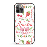 Cute Strawberry Cherry Ribbon Bow Sweet Dessert Custom Name Protective Phone Case Mobile Cover Durable Everyday Smartphone Shock Resistant