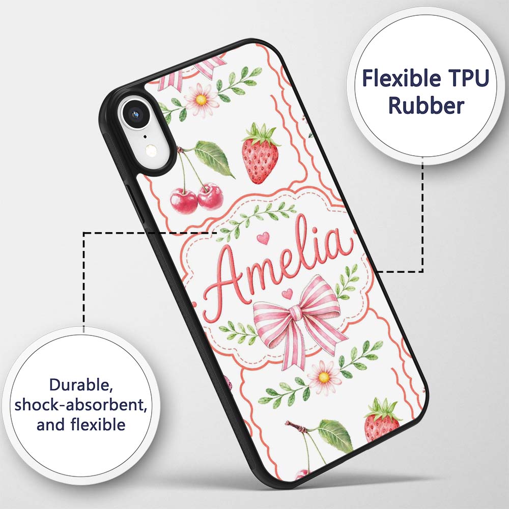 Cute Strawberry Cherry Ribbon Bow Sweet Dessert Custom Name Protective Phone Case Mobile Cover Durable Everyday Smartphone Shock Resistant