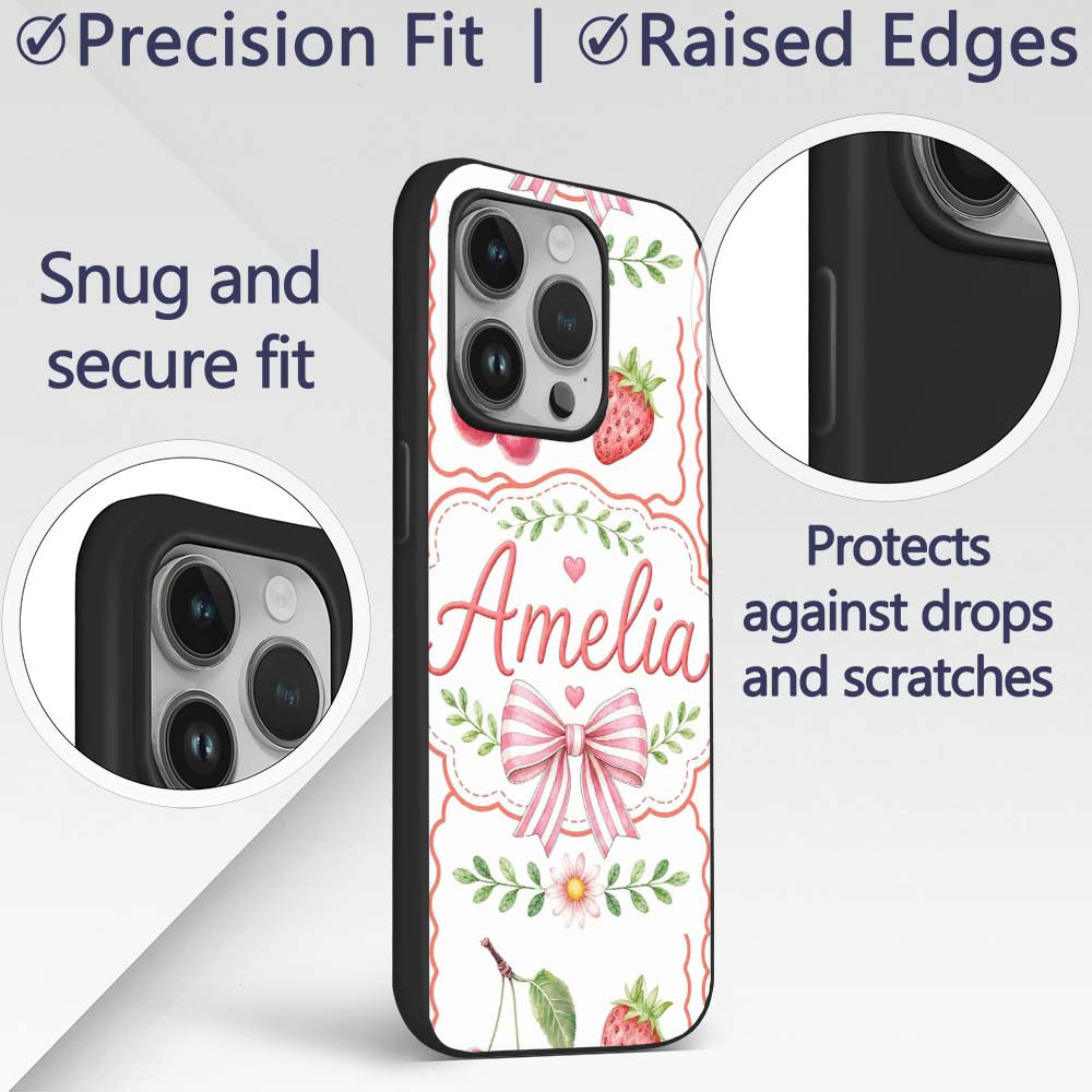 Cute Strawberry Cherry Ribbon Bow Sweet Dessert Custom Name Protective Phone Case Mobile Cover Durable Everyday Smartphone Shock Resistant