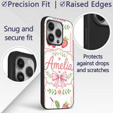 Cute Strawberry Cherry Ribbon Bow Sweet Dessert Custom Name Protective Phone Case Mobile Cover Durable Everyday Smartphone Shock Resistant