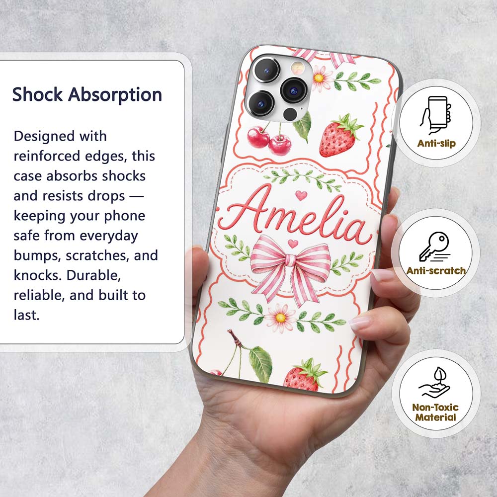 Cute Strawberry Cherry Ribbon Bow Sweet Dessert Custom Name Protective Phone Case Mobile Cover Durable Everyday Smartphone Shock Resistant