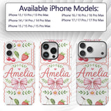 Cute Strawberry Cherry Ribbon Bow Sweet Dessert Custom Name Protective Phone Case Mobile Cover Durable Everyday Smartphone Shock Resistant