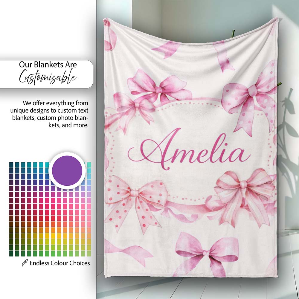 Watercolor Pink Ribbon Bows Neutral Ivory Background Seamless Lovely  Personalised Custom Name Super Soft Fleece Blanket Bed Sofa Throw