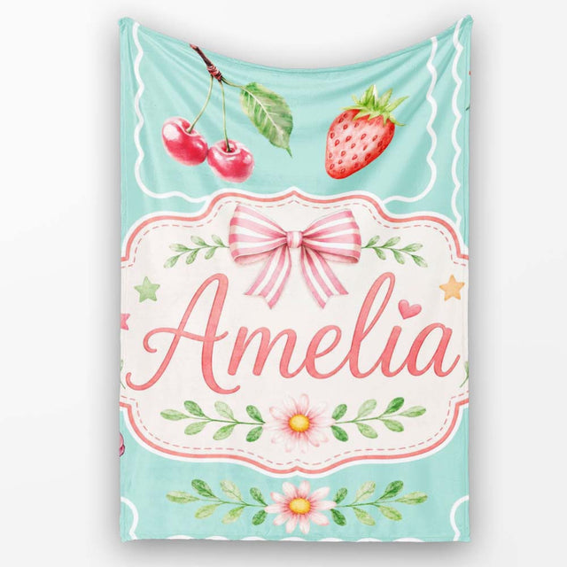 Cute Strawberry Cherry Ribbon Bow Sweet Dessert Pattern Teal Green  Personalised Custom Name Super Soft Fleece Blanket Bed Sofa Throw